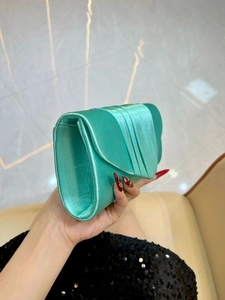 Pleated mint green satin evening clutch bag with chain strap for formal occasions