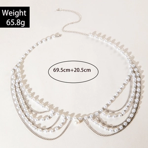 Détail de la chaîne de corps multicouche en perles et argent avec longueur 69,5cm et 20,5cm