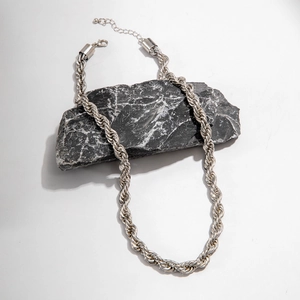 Detailed view of silver twist rope chain necklace with lobster clasp and extender