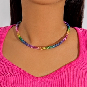 Rainbow gradient rhinestone choker necklace with colorful crystals on textured metal chain