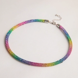 Rainbow rhinestone twist choker necklace with colorful crystal pavé and adjustable chain