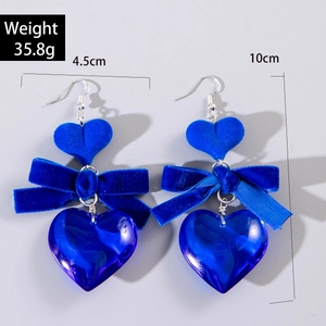 Blue heart earrings with bow detail showing 10cm height and 4.5cm width measurements