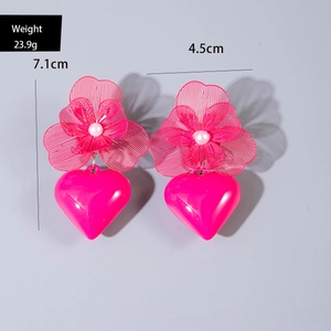 Detail view of pink mesh flower and heart earrings with size and weight measurements