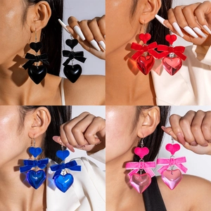 Retro Heart Bow Dangle Earrings With Flocked Velvet And Acrylic Rose Flower Valentine Day Statement Jewelry For Women