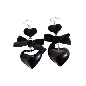 Retro black velvet bow and heart drop earrings with acrylic pendant for women