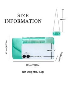 Ruched mint green satin evening clutch with metal chain strap and dimension details