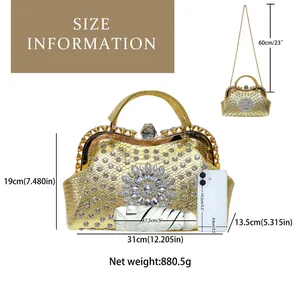 Size guide for luxury rhinestone evening bag showing dimensions and phone comparison