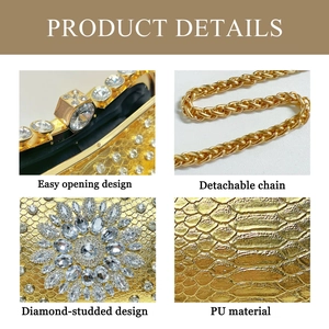 Macro detail of luxury gold snake skin texture and floral rhinestone inlay on the bag