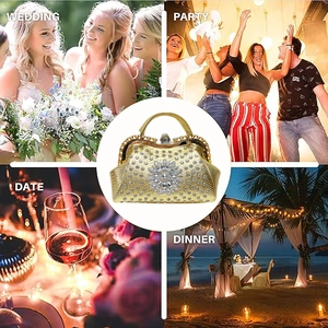 Detailed close-up of gold luxury evening clutch bag with rhinestones for weddings and parties