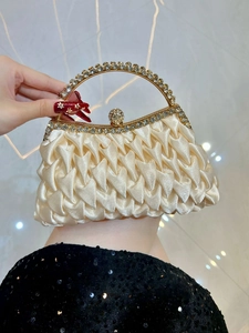 Elegant Pleated Satin Evening Bag Rhinestone Handle Crystal Ball Clasp Formal Party Clutch For Women Versatile Handbag