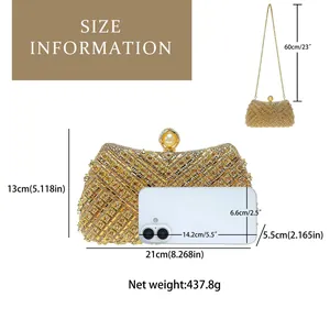 Detailed size specifications for gold rhinestone evening clutch bag with pearl clasp