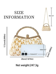 Elegant pleated satin evening clutch bag with rhinestone handle and metal chain strap
