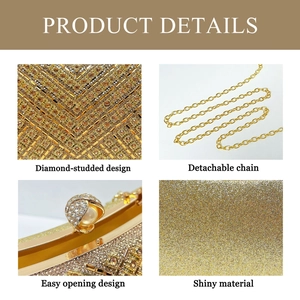 Detail showing the shiny gold diamond-studded surface and elegant pearl clasp on the bag