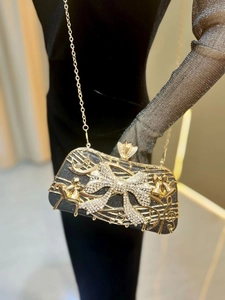 Détail de pochette de soirée luxueuse avec nœud en strass et notes dorées