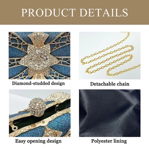 Detailed close-up of teal sequin clutch featuring star rhinestone and gold chain