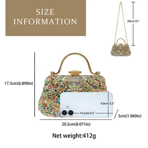 Detailed size chart showing dimensions and chain length of the rhinestone evening bag
