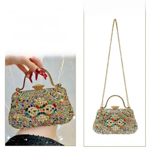 Detail of luxury rhinestone evening bag with gold chain for handbag or crossbody use