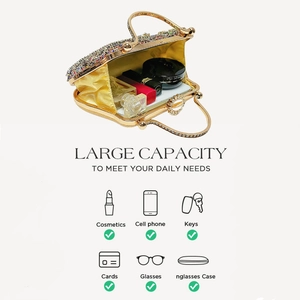 Luxurious evening bag with colorful rhinestones showing internal capacity for cosmetics