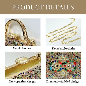 Detailed views of luxury rhinestone evening bag with gold metal handle and chain strap