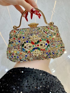 Luxury Rhinestone Evening Clutch Bag Colorful Gemstone Metal Handle Handbag Detachable Chain Strap Wedding Party