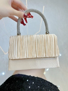 Elegant Pleated Satin Evening Bag With Rhinestone Handle Women Wedding Party Clutch Crossbody Handbag