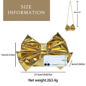 Detailed size guide for gold bow evening bag with dimensions and phone comparison