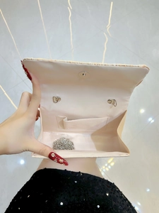 Elegant champagne pleated evening clutch bag with silver chain strap and magnetic closure