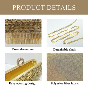 Détail d'une pochette de soirée luxueuse avec strass dorés et décoration de franges