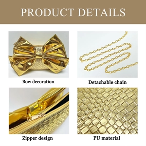 Detailed view of golden bow evening bag with crocodile texture and detachable chain strap