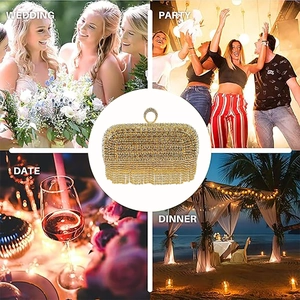 Détail de la pochette de soirée dorée de luxe avec strass étincelants et longues franges
