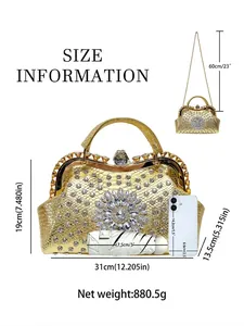 Luxury gold evening handbag with rhinestones and size chart for 31x19x13.5cm bag
