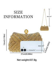 Golden rhinestone evening clutch with pearl clasp and dimensions of 21x13x5.5cm