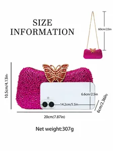Elegante bolso de noche con diamantes de imitación rojo rosa y tabla de tallas