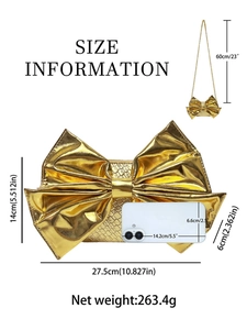 Size information for golden bow evening clutch with croc-embossed texture and chain