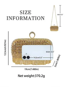 Pochette de soirée dorée avec strass, chaîne et pompons montrant les dimensions