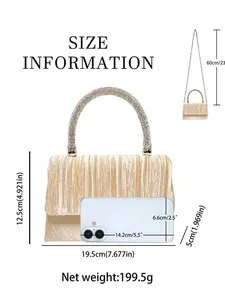 Elegant champagne pleated evening bag with rhinestone handle and size specifications