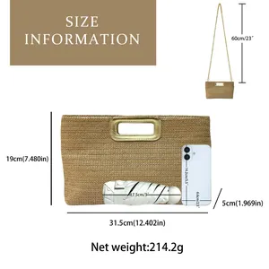 Size guide for straw clutch bag showing dimensions and chain strap length for comparison