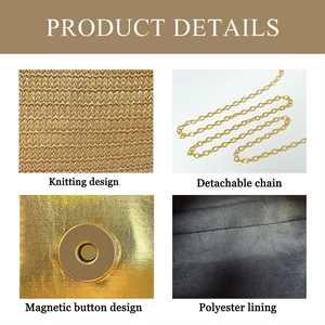 Detail view of woven texture, gold metal chain, magnetic buckle, and black lining on bag