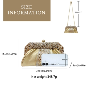 Dimensions du sac de soirée doré avec strass, bandoulière chaîne et détails de taille