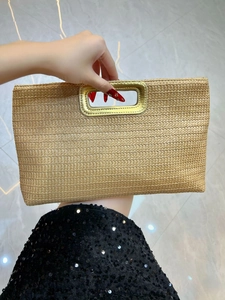 Handmade Woven Straw Clutch Bag For Women Summer Beach Vacation Handbag With Detachable Gold Chain Strap And Metal Handle
