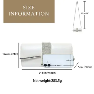 Detailed size guide for white evening clutch showing dimensions and phone capacity