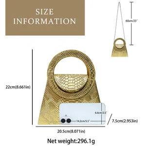 Size chart showing dimensions of gold snakeskin handbag with metal handle and chain