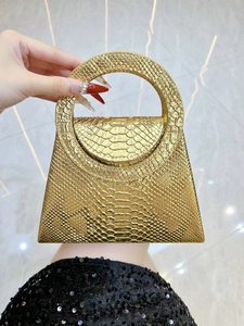 Women Evening Clutch Bag PU Leather Snake Skin Embossed Round Handle Metallic Party Wedding Handbag With Chain Strap
