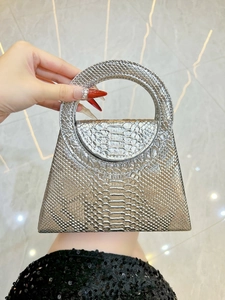 Detail of silver metallic snakeskin handbag with circular handle for party evening events