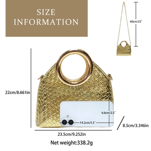 Detailed dimensions of gold woven handbag with metal handle and detachable chain strap