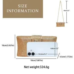 Detailed size guide for the champagne sequin evening clutch bag with chain length info