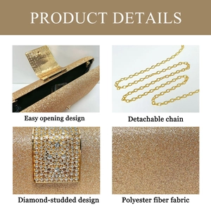 Detail of gold glitter clutch bag with diamond-studded buckle and detachable chain strap