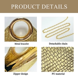 Detail view of gold woven texture PU handbag with metal handle and detachable chain