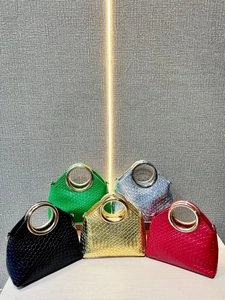 Fashion woven evening handbags with round metal handles in five metallic colors