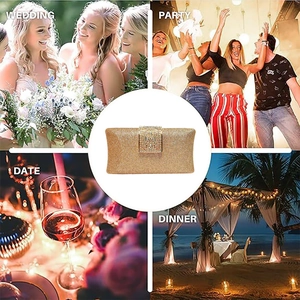 Detailed close-up of golden glitter evening clutch with rhinestone buckle for formal events